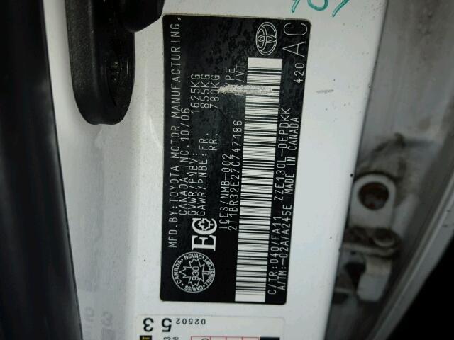 2T1BR32E27C747186 - 2007 TOYOTA COROLLA CE WHITE photo 10