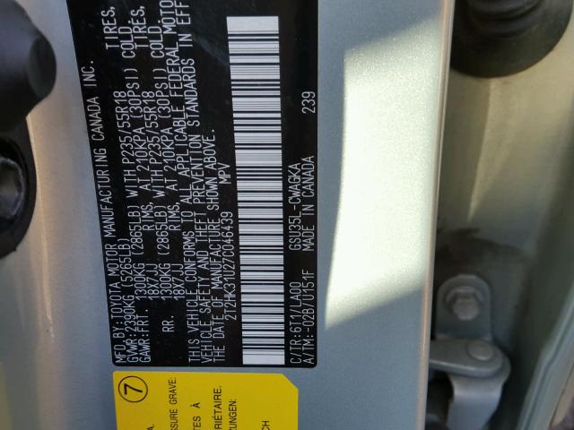 2T2HK31U27C046439 - 2007 LEXUS RX 350 GRAY photo 10