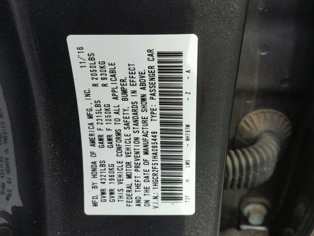 1HGCR2F51HA095449 - 2017 HONDA ACCORD SPO GRAY photo 10