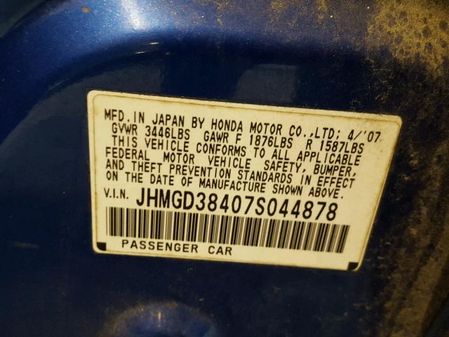 JHMGD38407S044878 - 2007 HONDA FIT BLUE photo 10