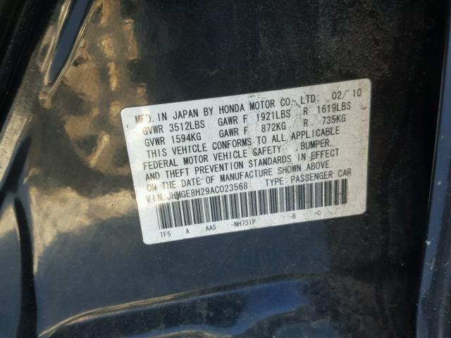JHMGE8H29AC023568 - 2010 HONDA FIT Черный фото 10