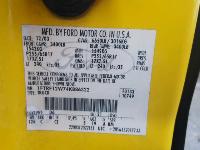 1FTRF12W74KB86322 - 2004 FORD F150 YELLOW photo 10