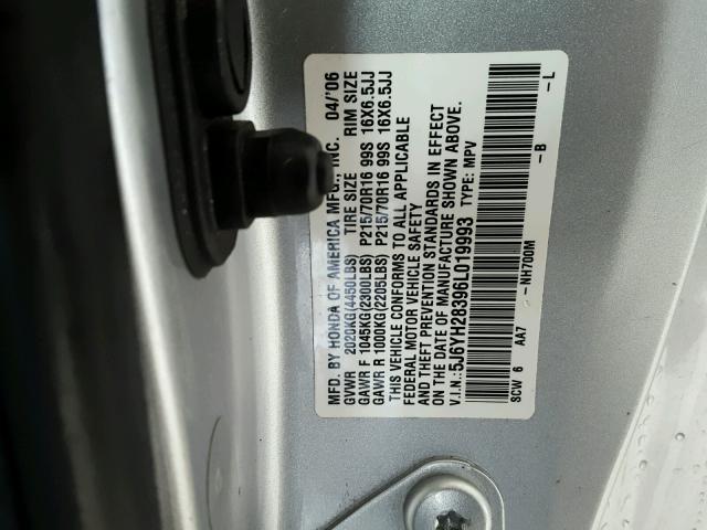 5J6YH28396L019993 - 2006 HONDA ELEMENT LX SILVER photo 10