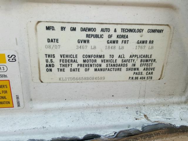 KL1TD56658B084589 - 2008 CHEVROLET AVEO BASE თეთრი ფოტო 10