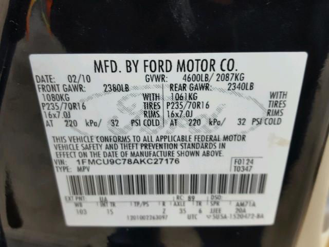 1FMCU9C78AKC27176 - 2010 FORD ESCAPE XLS BLACK photo 10