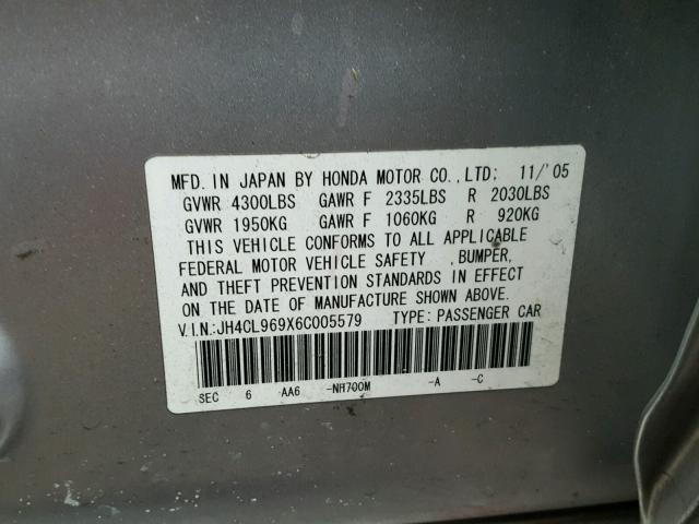 JH4CL969X6C005579 - 2006 ACURA TSX SILVER photo 10
