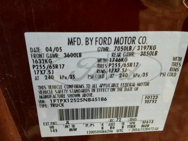 1FTPX12525NB45186 - 2005 FORD F150 BURGUNDY photo 10