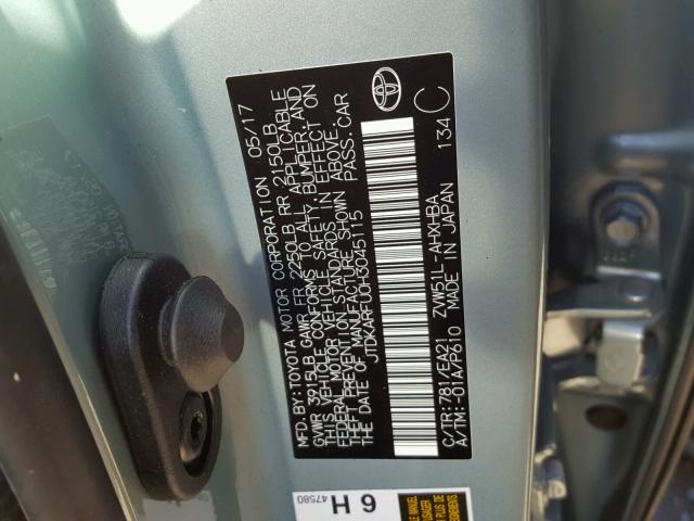 JTDKARFU0H3045115 - 2017 TOYOTA PRIUS TEAL photo 10