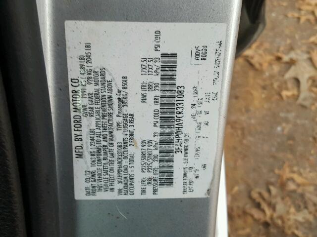 3FAHP0HA9CR331083 - 2012 FORD FUSION SE SILVER photo 10