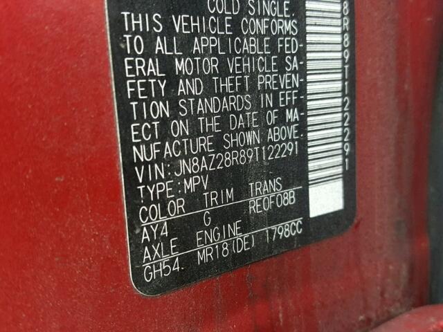 JN8AZ28R89T122291 - 2009 NISSAN CUBE BASE RED photo 10