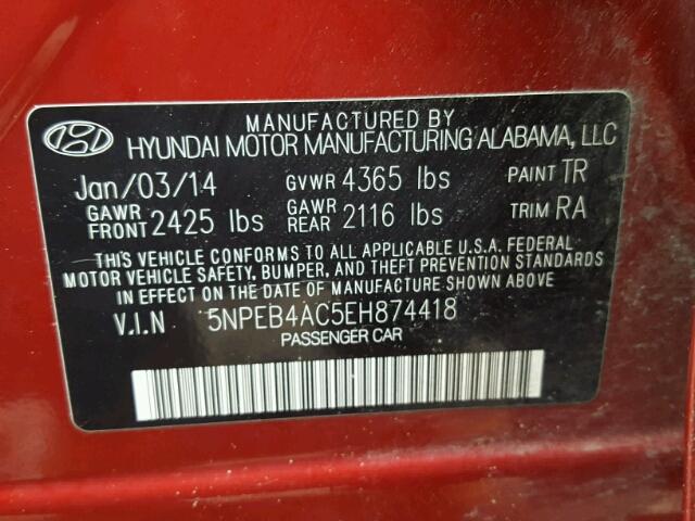 5NPEB4AC5EH874418 - 2014 HYUNDAI SONATA GLS MAROON photo 10