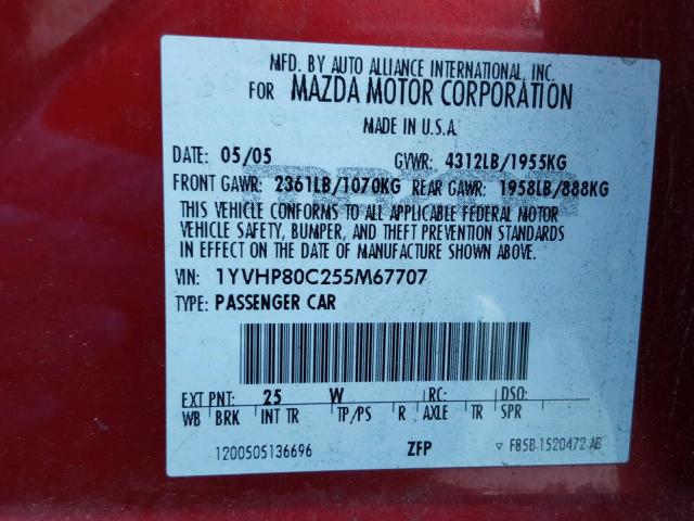 1YVHP80C255M67707 - 2005 MAZDA 6 I RED photo 10