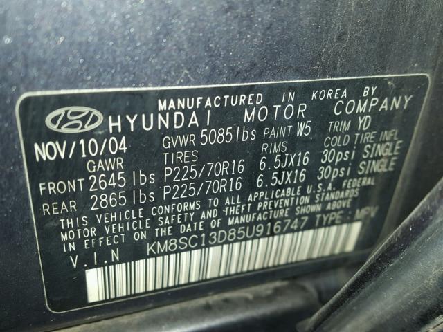 KM8SC13D85U916747 - 2005 HYUNDAI SANTA FE G GRAY photo 10