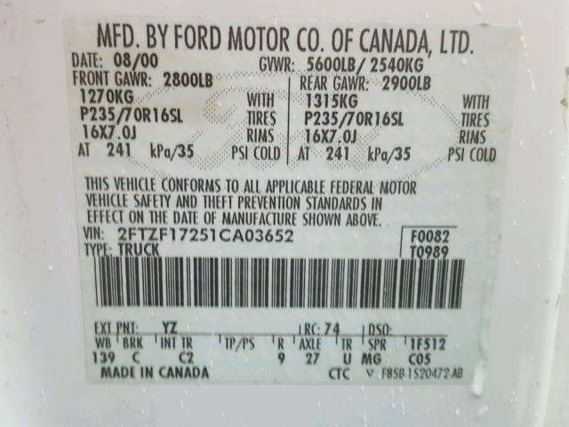 2FTZF17251CA03652 - 2001 FORD F150 WHITE photo 10