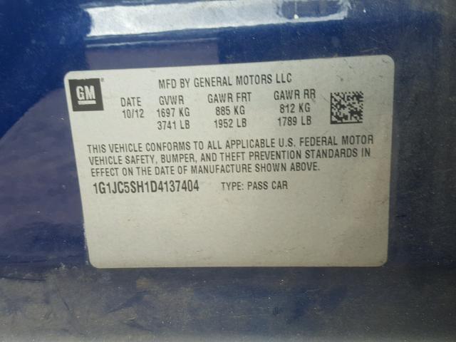 1G1JC5SH1D4137404 - 2013 CHEVROLET SONIC LT 蓝色 照片 10