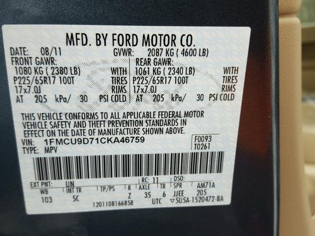 1FMCU9D71CKA46759 - 2012 FORD ESCAPE XLT BLUE photo 10