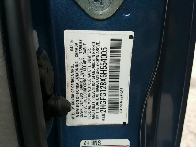 2HGFG128X6H554005 - 2006 HONDA CIVIC EX ლურჯი ფოტო 10