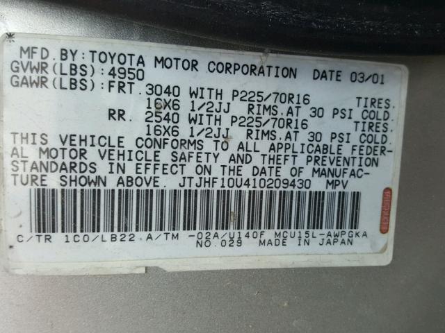 JTJHF10U410209430 - 2001 LEXUS RX 300 SILVER photo 10