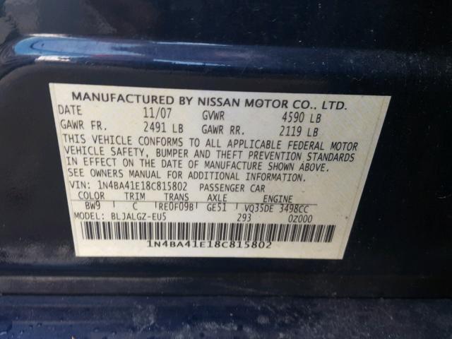 1N4BA41E18C815802 - 2008 NISSAN MAXIMA SE BLUE photo 10