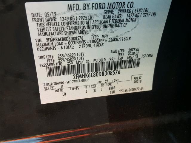 2FMHK6C80DBD08576 - 2013 FORD FLEX SEL შავი ფოტო 10