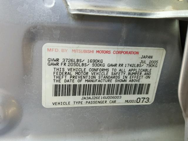 JA3AJ26E16U006003 - 2006 MITSUBISHI LANCER ES SILVER photo 10