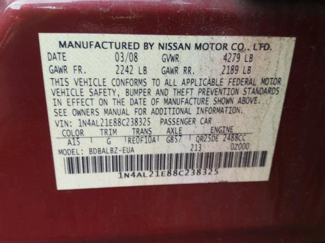 1N4AL21E88C238325 - 2008 NISSAN ALTIMA 2.5 RED photo 10