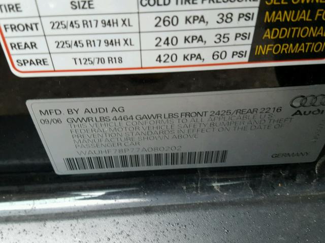 WAUHF78P77A080202 - 2007 AUDI A3 2 BLACK photo 10