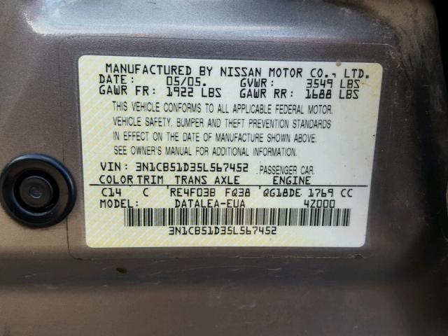 3N1CB51D35L567452 - 2005 NISSAN SENTRA 1.8 BROWN photo 10