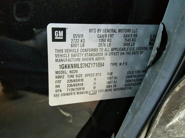 1GKKNMLS7HZ171094 - 2017 GMC ACADIA SLT BLACK photo 10