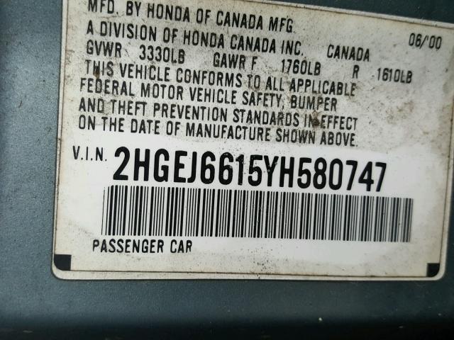 2HGEJ6615YH580747 - 2000 HONDA CIVIC BASE BLUE photo 10