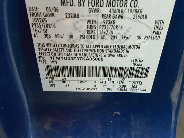 1FMYU03Z37KA05088 - 2007 FORD ESCAPE XLT BLUE photo 10