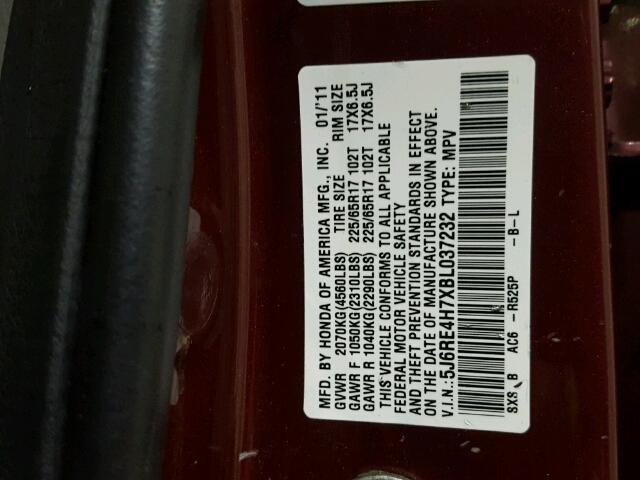 5J6RE4H7XBL037232 - 2011 HONDA CR-V EXL MAROON photo 10