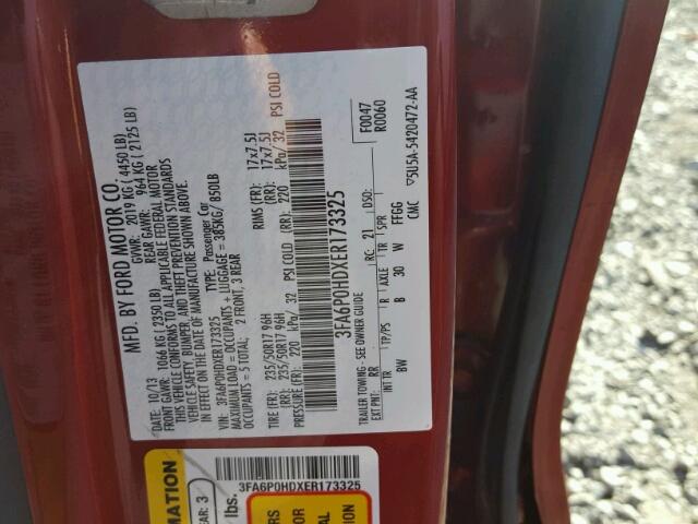 3FA6P0HDXER173325 - 2014 FORD FUSION SE RED photo 10