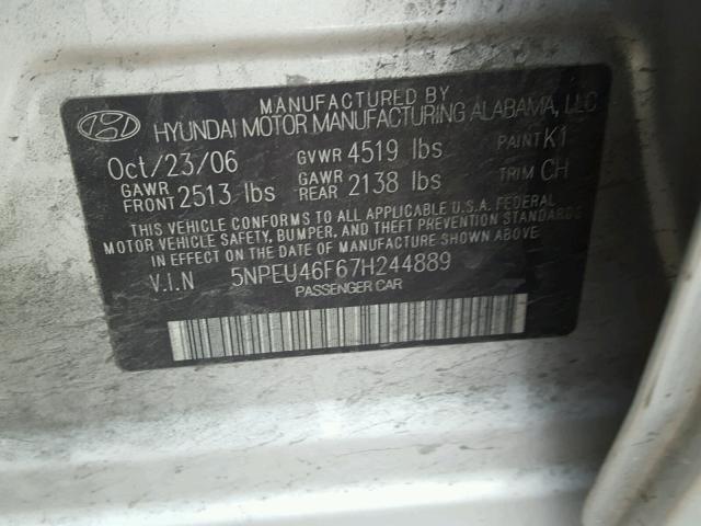 5NPEU46F67H244889 - 2007 HYUNDAI SONATA SILVER photo 10