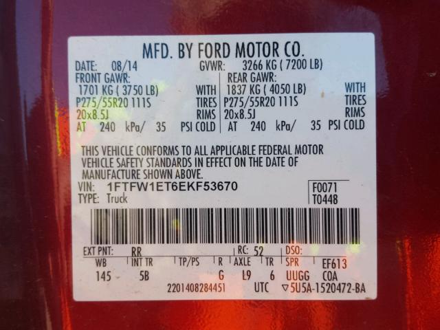 1FTFW1ET6EKF53670 - 2014 FORD F150 SUPER RED photo 10