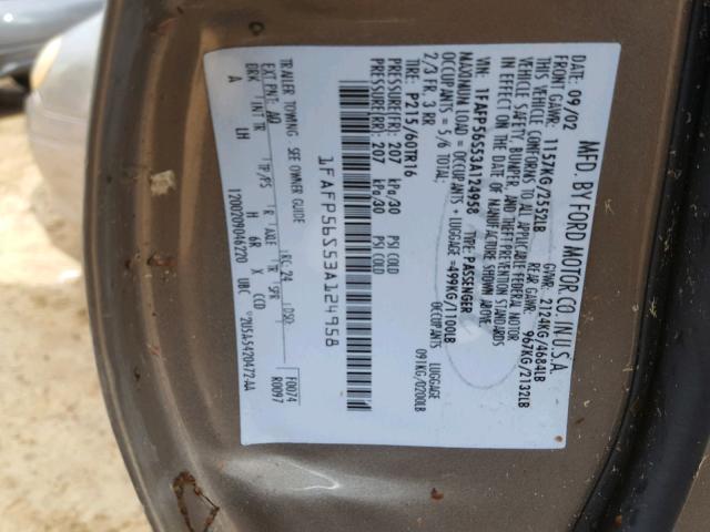 1FAFP56S53A124958 - 2003 FORD TAURUS SEL GOLD photo 10