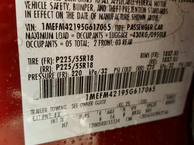 1MEFM42195G617065 - 2005 MERCURY MONTEGO PR 勃艮第红 照片 10