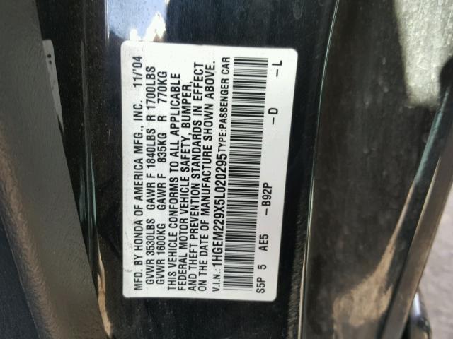 1HGEM229X5L020295 - 2005 HONDA CIVIC EX Siyah fotoğraf 10