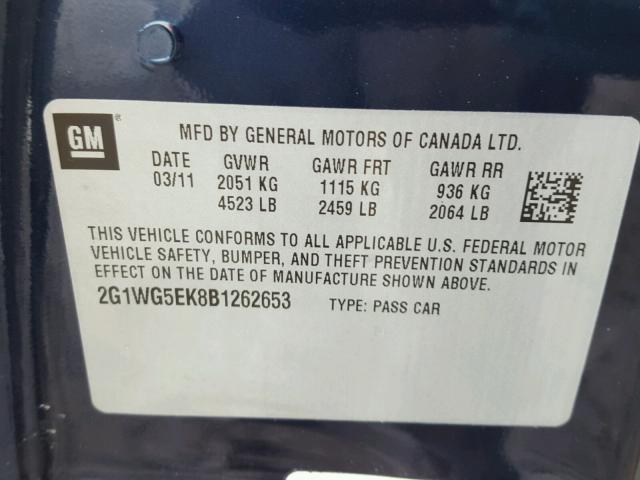 2G1WG5EK8B1262653 - 2011 CHEVROLET IMPALA LT BLUE photo 10