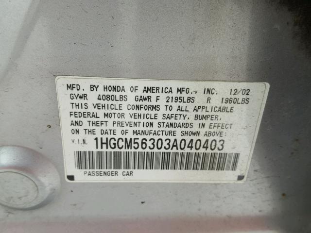 1HGCM56303A040403 - 2003 HONDA ACCORD LX SILVER photo 10