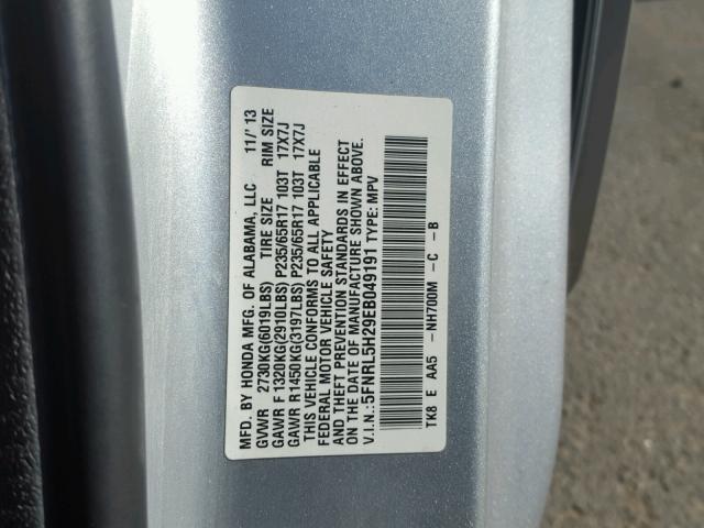 5FNRL5H29EB049191 - 2014 HONDA ODYSSEY LX SILVER photo 10