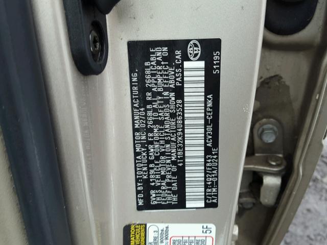 4T1BE32K94U863528 - 2004 TOYOTA CAMRY LE თაფლისფერი ფოტო 10