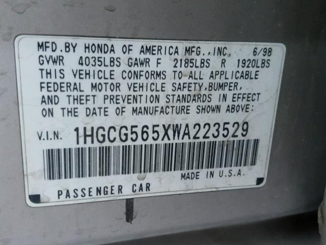 1HGCG565XWA223529 - 1998 HONDA ACCORD EX SILVER photo 10