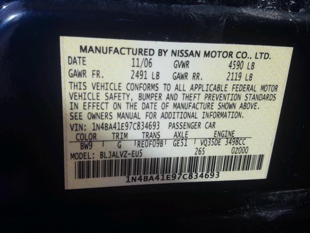 1N4BA41E97C834693 - 2007 NISSAN MAXIMA SE BLUE photo 10