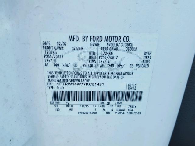 1FTRW14W77KC51431 - 2007 FORD F150 SUPER WHITE photo 10