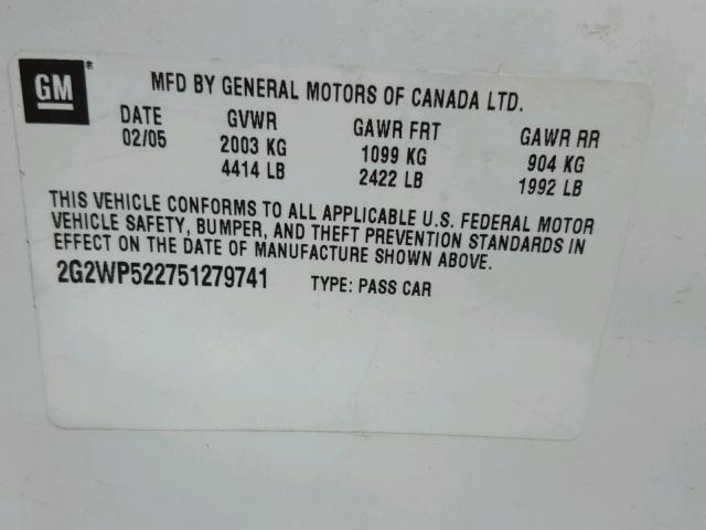 2G2WP522751279741 - 2005 PONTIAC GRAND PRIX თეთრი ფოტო 10