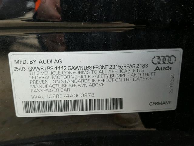 WAUJC68E74A000878 - 2004 AUDI A4 1.8T BLACK photo 10