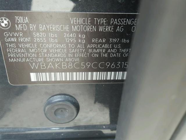 WBAKB8C59CC963150 - 2012 BMW 750LI GRAY photo 10