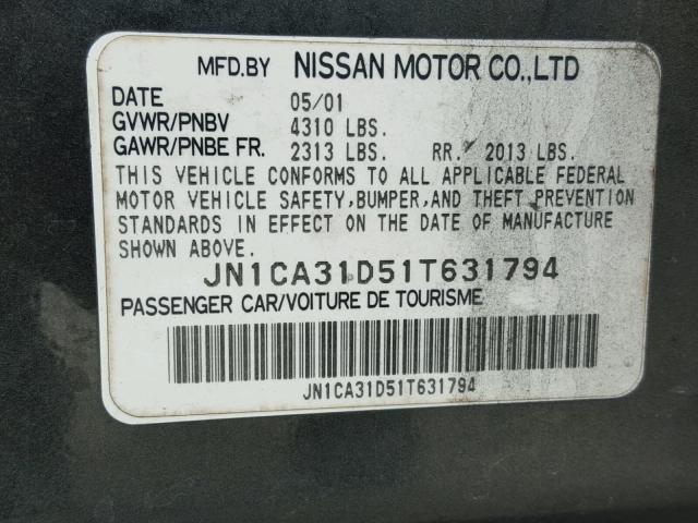 JN1CA31D51T631794 - 2001 NISSAN MAXIMA GXE CHARCOAL photo 10