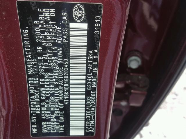 4T1BK1EB1GU203450 - 2016 TOYOTA AVALON XLE BURGUNDY photo 10